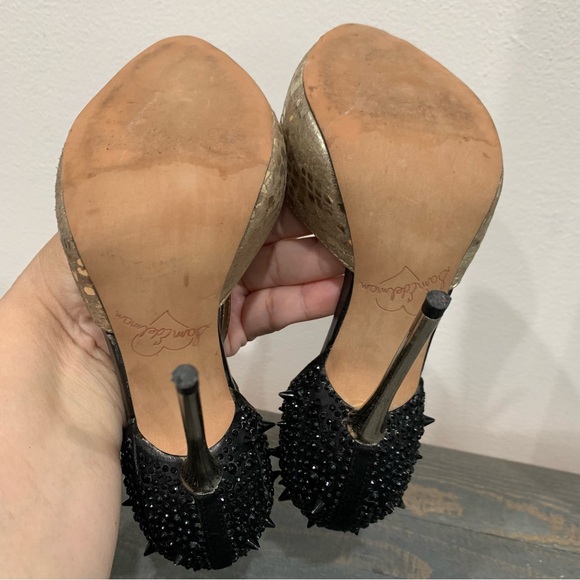 Sam Edelman Heels Women's Size 5.5 Scarlet T-Strap Open Toe Gold Blk Spiked Heel - Picture 10 of 14